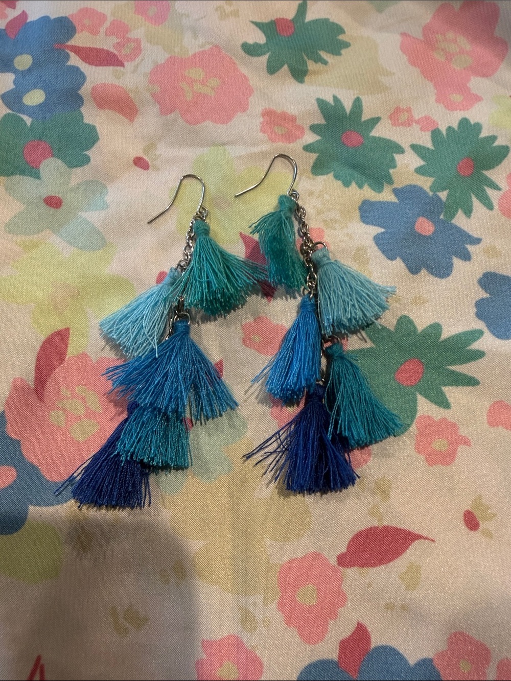Layered Teal and Blue Tassel Drop Earrings - Women Jewelry